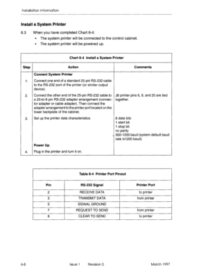 Page 72Installation Information 
Install a System Printer 
6.3 When you have completed Chart 6-4: 
l The system printer will be connected to the control cabinet. 
l The system printer will be powered up. 
Chart 6-4 install a System Printer 
Step Action Comments 
Connect System Printer 
1. Connect one end of a standard 25pin RS-232 cable 
to the RS-232 port of the printer (or similar output 
device). 
2. Connect the other end of the 25-pin RS-232 cable to J8 printer pins 6, 8, and 20 are t,ied 
a 25to-9 pin...