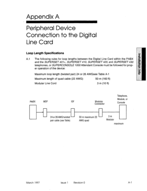 Page 89Appendix A 
, 
Peripheral Device 
Connection to the Digital 
Line Card 
Loop Length Specifications 
A.1 The following rules for loop lengths between the Digital Line Card within the PABX 
and the SUPERSET 401+, SUPERSET 4 IO, SLJPERSET 420, and SUPERSET 430 
telephones, or SUPERCONSOLE 7000 Attendant Console must be followed for prop- 
er operation of the device: 
Maximum loop length (twisted pair) 24 or 26 AWGsee Table A-l 
Maximum length of quad cable (22 AWG) 
50 m (I 60 ft) 
Modular Line Cord 
3 m...