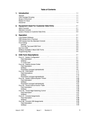 Page 951. 
2. 
3. 
4. Table of Contents 
Introduction ......................................................... 1-1 
General 
............................................................... l- 1 
CDE PackageGrouping .................................................. l-l 
Scopeof Document ...................................................... l-l 
Reasonforlssue ........................................................ l- 1 
Disclaimer ............................................................. l-2 
Equipment...