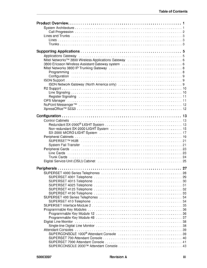 Page 3Table of Contents
50003097 Revision A iii
Product Overview. . . . . . . . . . . . . . . . . . . . . . . . . . . . . . . . . . . . . . . . . . . . . . . . . . . . . . .  1
System Architecture . . . . . . . . . . . . . . . . . . . . . . . . . . . . . . . . . . . . . . . . . . . . . . . . . . . . . . . . .  1
Call Progression  . . . . . . . . . . . . . . . . . . . . . . . . . . . . . . . . . . . . . . . . . . . . . . . . . . . . . . . . .  2
Lines and Trunks  . . . . . . . . . . . . . . . . . . . . . . . ....