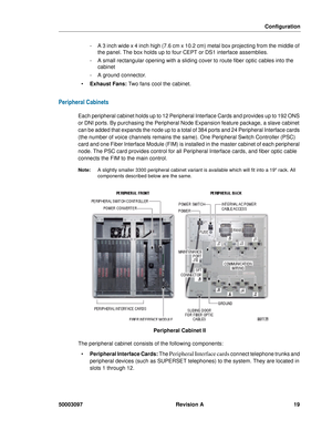 Page 23Configuration
50003097 Revision A 19
- A 3 inch wide x 4 inch high (7.6 cm x 10.2 cm) metal box projecting from the middle of 
the panel. The box holds up to four CEPT or DS1 interface assemblies.
- A small rectangular opening with a sliding cover to route fiber optic cables into the 
cabinet
- A ground connector.
 Exhaust Fans: Two fans cool the cabinet.
Peripheral Cabinets
Each peripheral cabinet holds up to 12 Peripheral Interface Cards and provides up to 192 ONS 
or DNI ports. By purchasing the...