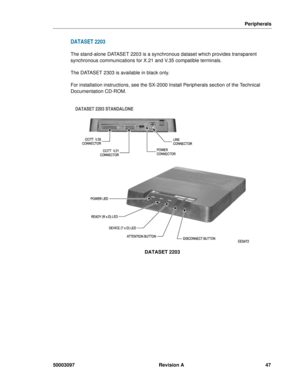 Page 51Peripherals
50003097 Revision A 47
DATASET 2203
The stand-alone DATASET 2203 is a synchronous dataset which provides transparent 
synchronous communications for X.21 and V.35 compatible terminals.
The DATASET 2303 is available in black only.
For installation instructions, see the SX-2000 Install Peripherals section of the Technical 
Documentation CD-ROM.
DATASET 2203 