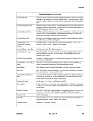 Page 55Features
50003097 Revision A 51
Attendant RecallAttendant Recall automatically alerts the attendant when a trunk call has been 
extended to an idle station and not answered within a specified time-out period 
or when a call on Hold at the console has not been answered within a selected 
time.
Attendant Ringer ControlAttendant Ringer Control lets you mute the attendant console ringer. When the 
attendant console ringer is muted, incoming calls continue to be indicated by the 
Call Waiting prompt at the...