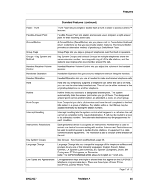 Page 59Features
50003097 Revision A 55
Flash - TrunkTrunk Flash lets you single or double flash a trunk in order to access Centrex™ 
features.
Flexible Answer PointFlexible Answer Point lets station and console users program a night answer 
point for their incoming trunk calls.
Ground ButtonA Ground Button (Recall Button) lets you place a call on Consultation Hold and 
return to dial tone so that you can invoke station features. The Ground Button 
provides an alternative method of producing a Switchhook Flash....