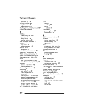 Page 220Technician’s Handbook
210
powering up 138
Control resource card
replacement
 149
switch settings 24
Courtesy down, removing request 87
Creating a catalog 84
D
Database
backing up
 164, 165
checking 98
errors, fixing 128
saving, restoring 99
Date, changing or reading 79
Deleting
log entries
 90
telephone users 107
Desktop mode
accessing
 77
switching to maintenance 78
Diagnostics, turning on/off 92
Dial in trunks, programming 67
Digital link, displaying status 108
Directory numbers, finding 106
DISA
dial...