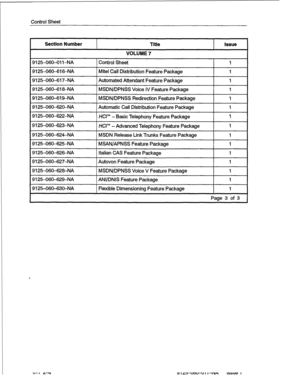 Page 10Control Sheet 
Section Number 
I Title 
I Issue 
9125-060-0114A 
9125-060-616-NA 
VOLUME 7 
Control Sheet 
Mite1 Call Distribution Feature Package 1 
1 
9125-060-617-NA Automated Attendant Feature Package 1 
9125-060-613-NA MSDN/DPNSS Voice IV Feature Package 1 
9125-060419-NA MSDN/DPNSS Redirection Feature Package 1 
9125-060-62O-NA Automatic Call Distribution Feature Package 1 
9125-060-6224A 
HCI” - Basic Telephony Feature Package 1 
9125-060-623-NA 
HCI” - Advanced Telephony Feature Package 1...