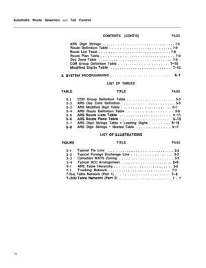 Page 326Automatic Route Selection and Toll Control
CONTENTS (CONT’D)PAGEARS Digit Strings. 
-. . . . . D 0 . . . . . . . . -. . . . e s -. . s -. s 7-5
Route Definition Table . . . . . 
O.. O.. n %. 0. -. . m
 m
 D 6 6 0 * d 7-9
Route List Table . . . . 
-. . . 0 . . m -. . m . s m . D I *. . 0 D
 D e . e
 s 7-9
Route Plan Table . . . , . . . . , . 
a I -. . . . . . . . e m . . m -. . . . . 7-9
Day Zone Table m 
O..m m..s D
 0 0 m -.* a s D D
 m
 e D e 0 m....O D D 7-9
COR Group Definition Table . e . m m
 m
 m...