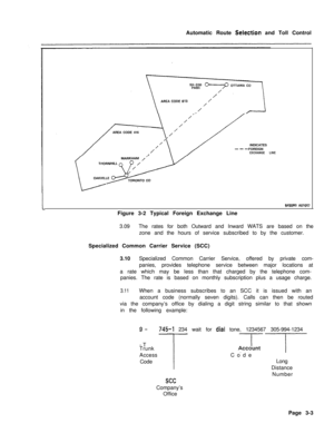 Page 332Automatic Route Seiection and Toll Control
AREA CODE 416
INDICATES
FOREIGN
EXCHANGELINE
M50RO AOlOE?Figure 3-2 Typical Foreign Exchange Line
3.09The rates for both Outward and Inward WATS are based on the
zone and the hours of service subscribed to by the customer.
Specialized Common Carrier Service (SCC)
3.10Specialized Common Carrier Service, offered by private com-
panies, provides telephone service between major locations at
a rate which may be less than that charged by the telephone com-
panies. The...