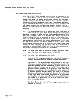 Page 350Automatic Route Selection and Toll Control
ARS Route Plans Table (CDE Form 25)
5.16 The SX-2OOa ARS package accommodates a maximum of 50
Route Plans, each of which is contained within a dedicated
Route Plans table. The header of each tabie contains the Time Zone
and the number of the Day Zone which is to be associated with the
Route Plan. When first accessed, Route Plan 1 is displayed. By select-
ing the “ROUTE PLAN” 
sof-tkey, the current route plan is identified, and
the display prompts for the route...