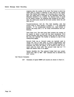 Page 378Station Message Detail Recording
outgoing calls, the number of the trunk. The format in which the
called party is output is identical to that used for the calling
party. See Calling Party (pppp). For incoming calls to the Atten-
dant, the called party is recorded as the Attendant unless the
Attendant transfers it to a station. For direct-in lines, it would
be the station number. On outgoing calls handled by the Atten-
dant, the called party would be the trunk number which the call
went out on....