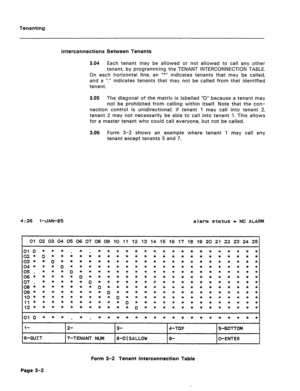 Page 411Tenanting 
Interconnections Between Tenants 
4: 26 l-JAN-85 3.04 Each tenant may be allowed or not allowed to call any other 
tenant, by programming the TENANT INTERCONNECTION TABLE. 
On each horizontal line, an WJ indicates tenants that may be called, 
and a “.” indicates tenants that may not be called from that identified 
tenant. 
3.05 The diagonal of the matrix is Izbelled “0” because a tenant may 
not be prohibited from calling within itself. Note that the con- 
nection control is unidirectional; if...