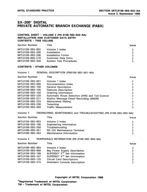Page 1MITEL STANDARD PRACTICE SECTION MlTL9198-093-002-NA 
Issue 2, September 1986 
SX-200” DIGITAL 
PRIVATE AUTOMATIC BRANCH EXCHANGE (PABX) 
CONTROL SHEET - VOLUME 2 (PN 9108-092-002-NA) 
INSTALLATION AND CUSTOMER DATA ENTRY 
CONTENTS - THIS VOLUME 
Section Number Title Issue 
MITL9108-093-002 Volume 2 Index 2 
MITLS 108-093-200 Installation 2 
MITLSI 08-093-206 Installation Forms 2 
MITL9108-093-210 Customer Data Entry 2 
MITLS 108-093-320 System Test Procedures 2 
CONTENTS - OTHER VOLUMES 
Volume 1 GENERAL...