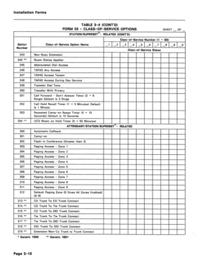 Page 154TABLE 3-4 (CONT’D) 
FORM 03 - CLASS-OF-SERVICE OPTIONS 
SHEET _ OF _ 
STATION/SUPERSET@- RELATED (CONT’DI 
311 Paging Access - Zone 9 
312 Default Paging Zone (0 Gives All Zones Enabled) 
(O-9) 
I I 
313 ** I 
I I I I 
CO Trunk To CO Trunk Connect 
314 ** CO Trunk To Tie Trunk Connect 
315 *+ CO Trunk To DID Trunk Connect 
316 ** Tie Trunk To Tie Trunk Connect 
I 
317 ** Tie Trunk To DID Trunk Connect 
316 ** DID Trunk To DID Trunk Connect 
I I I 
I I I I 
319 ** Extension Non-Co Trunk to Trunk Connect...