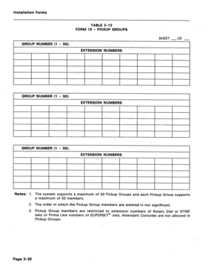 Page 164TABLE 3-12 
FORM 10 - PICKUP GROUPS 
SHEET 
-OF _ 
I I I I I I I 
I I 
Notes: 1. The system supports a maximum of 50 Pickup Groups and each Pickup Group supports 
a maximum of 50 members. 
2. The order in which the Pickup Group members are entered is not significant. 
3. Pickup Group members are restricted to extension numbers of Rotary Dial or DTMF 
sets or Prime Line numbers of SUPERSET@ sets. Attendant Consoles are not allowed in 
Pickup Groups. 
Page 3-20  