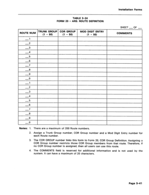 Page 185Installation Forms 
TABLE 3-24 
FORM 23 - ARS: ROUTE DEFINITION 
SHEET 
-OF - 
Notes: 1. There are a maximum of 200 Route numbers. 
2. Assign a Trunk Group number, COR Group number and a Mod Digit Entry number for 
each Route number. 
3. The COR GROUP number links this form to Form 20, COR Group Definition. Assigning a 
COR Group number restricts those COR Group members from that route. Therefore, if 
no COR Group number is assigned, then all users can use this route. 
4. The COMMENTS field is reserved...