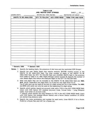 Page 189Installation Forms 
TABLE 3-28 
ARS: NESTED DIGIT STRINGS 
SHEET -OF - 
LEADING DIGITS: RETURN DIAL TONE (YES/NO): - RESTRICTED COR GROUP: 
* Generic 1000 ** Generic 1001 
Notes: 
1. Specify the leading digits, the presence of dial tone and the restricted COR Groups. 
2. Specify the user dialed digits that require analysis, BEFORE routing occurs, in the 
DIGITS TO BE ANALYZED field. The total number of digits in the DIGITS TO BE 
ANALYZED field, the CITY TO FOLLOW field and LEADING DIGITS field in the...