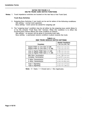 Page 204Installation Forms 
NOTES FOR FIGURE 4-3 
DID/TIE TRUNK CARD SWITCH FUNCTIONS 
Notes: 1. Trunk impedance switches are located on the rear face of the Trunk Card. 
Trunk Busy Switches 
2. Outgoing Busy Switches (1 per trunk) can be set for either of the following conditions: 
Idle setting - normal trunk operation 
Busy setting - trunk cannot be seized for outgoing call 
3. The “outgoing busy” condition may be set either by the outgoing busy switch (Note 2), 
or by the console “Trunk Busy Out” function....