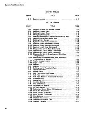 Page 393System Test Procedures 
TABLE TITLE 
PAGE 
2-l System Access .............................. 2-l 
LIST OF CHARTS 
CHART TITLE 
PAGE 
2-l 
2-2 
2-2 
2-4 
2-5 
2-6 
2-7 
2-8 
2-9 
2-10 
2-l 1 
2-12 
2-l 3 
2-14 
2-15 
2-16 
2-l 7 
2-18 
2-19 
3-l 
3-2 
4-l 
4-2 
4-3 
4-4 
4-5 
4-6 
4-7 
4-8 
4-9 
4-l 0 
4-l 1 
4-12 
4-13 
4-14 
4-l 5 
4-l 6 
4-17 
4-18 
4-19 Logging In and Out of the System .............. 2-2 
Setting System Date ......................... 2-4 
Setting System Time ............................