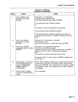 Page 403System Test Procedures 
CHART 2-4 (CONT’D) 
CHANGING PASSWORDS 
tfw Action Verify 
7 Enter Installer level Password is not displayed. 
password and press Command line responds with: 
RETURN. Enter New Password then press RETURN: 
if old password was correctly entered 
or: 
An invalid or incorrect password was entered 
if old password was incorrectly entered. 
If old password was correctly entered go to Step 8; if 
incorrectly entered, press 5 (CANCEL softkey) and go to 
Step 7. 
8 Enter new Installer...