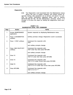 Page 414System Test Procedures 
Diagnostics 
2.14 The Diagnostics Level (accessed from the Maintenance menu) 
allows the user to enable, schedule, and initiate system di- 
agnostic testing, take equipment out of service, and return it to ser- 
vice. For further information regarding these, refer to Section 
MITL9108-093-351-NA, RS-232 Maintenance Terminal. Charts 2-12 
through 2-16 show the steps for testing the Diagnostics Level com- 
mands. 
CHART 2-12 
DIAGNOSTICS LEVEL: TEST COMMAND 
Step Action Verify 
1...