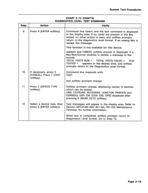 Page 415System Test Procedures 
CHART 2-12 (CONT’D) 
DIAGNOSTICS LEVEL: TEST COMMAND 
Step Action Verify 
9 
Press 0 (ENTER softkey). Command line clears, and the test command is displayed 
in the display area. If no cards are present in the Bay 
tested, no other action is seen, and softkey prompts 
return to the diagnostics level format. If an analog Bay is 
tested, the message: 
This function is not available for this device. 
appears and CANCEL softkey prompt is displayed. If a 
Bay/Slot/Circuit location is...