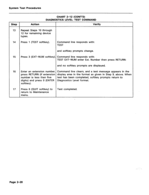 Page 416System Test Procedures 
CHART 2-12 (CONT’D) 
DIAGNOSTICS LEVEL: TEST COMMAND 
Step Action Verify 
13 Repeat Steps 10 through 
12 for remaining device 
types. 
14 Press 1 (TEST softkey). Command line responds with: 
TEST 
and softkey prompts change. 
15 Press 3 (EXT-NUM softkey). Command line responds with: 
TEST EXT-NUM enter Ext. Number then press RETURN: 
and no softkey prompts are displayed. 
16 Enter an extension number, Command line clears, and a test message appears in the 
press RETURN (if...