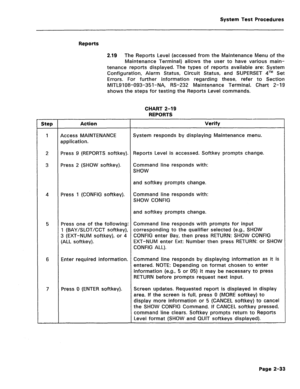 Page 429System Test Procedures 
Reports 
2.19 
The Reports Level (accessed from the Maintenance Menu of the 
Maintenance Terminal) allows the user to have various main- 
tenance reports displayed. The types of reports available are: System 
Configuration, Alarm Status, Circuit Status, and SUPERSET qTM Set 
Errors. For further information regarding these, refer to Section 
MITL9108-093-351-NA, RS-232 Maintenance Terminal. Chart 2-19 
shows the steps for testing the Reports Level commands. 
CHART 2-19 
REPORTS...