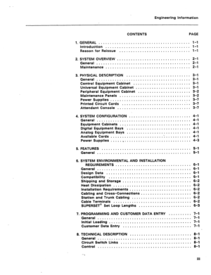 Page 3Engineering information 
CONTENTS PAGE 
l.GENERAL ........................................ l-l 
Introduction ..................................... l-1 
Reason for Reissue ............................... l-1 
2. SYSTEM OVERVIEW ................................ 
2-l 
General ......................................... 2-l 
Maintenance 
..................................... 2-l 
3. PHYSICAL DESCRIPTION . . . . . . . . . . . . . . . . e . . . . . . . . . . a 3-l 
General O...........O..O.....s.....e....O..m...