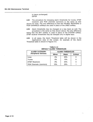 Page 241RS-232 Maintenance Terminal 
to leave unchanged) 
ENTER 
4.22 The procedure for changing alarm thresholds for trunks, DTMF 
receivers and PCM channels (junctors) is the same as that 
shown for lines. The only difference is that the TRUNKS, RECEIVERS or 
PCM-CHANNELS softkeys are used in place of the LINES softkey. 
4.23 Alarm thresholds may be changed on a bay basis as well. The 
procedure is the same as that shown above, the only difference 
being that the BAY softkey is used in place of the SYSTEM...