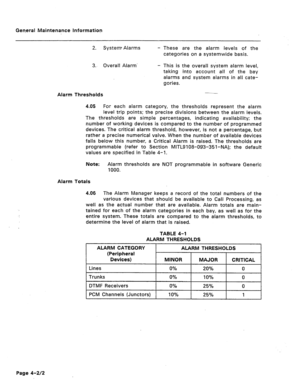 Page 307Gen,eral Maintenance Information 
2. Systemd Alarms - These are the alarm levels of the 
categories on a systemwide basis. 
3. Overall Alarm. - This is the overall system alarm level, 
taking into account all of the bay 
alarms and system alarms in all cate- 
gories. 
Alarm Thresholds 
4.05 For each alarm category, the thresholds represent the alarm 
level trip points; the precise divisions between the alarm levels. 
The thresholds are simple percentages, indicating availability; the 
number of working...