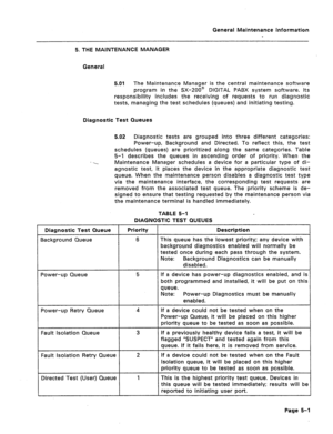 Page 308General Maintenance Information 
5. THE MAINTENANCE MANAGER 
General 
5.01 The Maintenance Manager is the central maintenance software 
program in the SX-200@ DIGITAL PABX system software. Its 
responsibility includes the receiving of requests to run diagnostic 
tests, managing the test schedules (queues) and initiating testing. 
Diagnostic Test Queues 
5.02 Diagnostic tests are grouped into three different categories: 
Power-up, Background and Directed. To reflect this, the test 
schedules (queues) are...