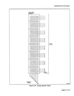 Page 40Engineering Information 
LINE CARD 
NUMBER 1 
006 
EQUIPMENT 
NUMBER 0 
00s 1713ROE  1 
2 
3 
L-4 -5 
El= 6 
7 
e 8 
9 
10 
11 
- 
16 
17 
18 
19 
24 
25 
26 
29 
29 
30 
MUSIC 
ON HOLD SPEECH 
PATHS 
Figure 8-8 Analog Speech Paths 
Page 8-ll/ll  