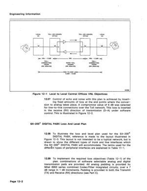 Page 54Engineering i,nformation 
LOCAL TOLL (OR HIGHER) TOLL (OR HIGHER) LOCAL 
+- VNL 9 2.5dB += VNL 
-I.+ VNL + 2SdB -pl 
TOLL- 
CONNECTING 
TRUNK INTER TOLL 
TRUNKS TOLL- 
CONNECTING 
TRUNK 
(2W ANALOG) (4W ANALOG) (2W ANALOG) 
12.07 Control of echo and noise with this plan is achieved by insert- 
ing fixed amounts of loss at the end points where the conver-  Figure 12-1 Local to Local Central. Offices VNL Objectives _ 
sion to analog takes place. A compromise value of 6 dB was selected 
for line-to-line...