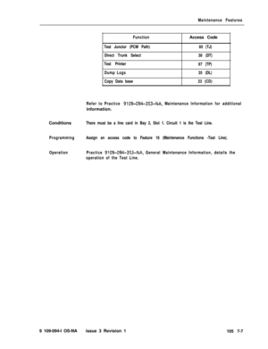 Page 329Maintenance Features
FunctionAccess Code
Test Junctor (PCM Path)85 (TJ)
Direct Trunk Select38 (DT)
Test Printer
87 (TP)
Dump Logs35 (DL)
Copy Data base23 (CD)
Refer to Practice 
9109-094-353-NA, Maintenance Information for additionalinformation.
Conditions
There must be a line card in Bay 2, Slot 1. Circuit 1 is the Test Line.
ProgrammingAssign an access code to Feature 18 (Maintenance Functions -Test Line).
OperationPractice 
9109-094-353-NA, General Maintenance Information, details the
operation of the...