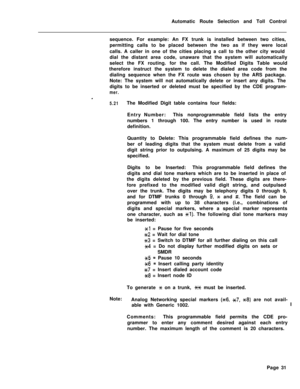 Page 401Automatic Route Selection and Toll Control
sequence. For example: An FX trunk is installed between two cities,
permitting calls to be placed between the two as if they were local
calls. A caller in one of the cities placing a call to the other city would
dial the distant area code, unaware that the system will automatically
select the FX routing. for the call. The Modified Digits Table would
therefore instruct the system to delete the dialed area code from the
dialing sequence when the FX route was...