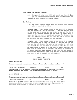 Page 439Station Message Detail Recording
Trunk SMDR Call Record Examples
2.08Examples of typical trunk SMDR call records are shown in Ch.art2-l. The column indication included with each example is not
repeated for each message in a regular printout.
Call Timing
2.09 The timing functions which apply to incoming and outgoing
calls are described as follows:
Incoming Call
- Three aspects, related to the timing of an incoming
call,- are recorded on a SMDR call record; i.e., the date, the time taken
for the called...