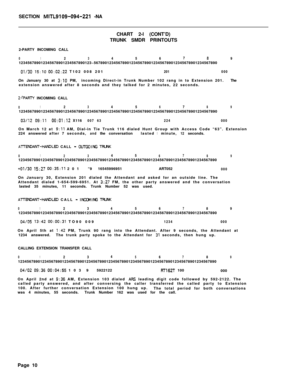 Page 440SECTION MITL9109-094-221 -NA
CHART 2-l (CONT’D)
TRUNK SMDR PRINTOUTS
2-PARTY INCOMING CALL
01234567a9123456789012345678901234567890123~56789012345678901234567890123456789012345678901234567890
01/30 15:lO 00:02:22 T102 008 201201000On January 30 at 
3:lO PM,incoming Direct-in Trunk Number 102 rang in to Extension 201.The
extension answered after 8 seconds and they talked for 2 minutes, 22 seconds.
2-PART-Y INCOMING CALL...