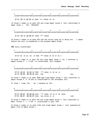 Page 463Station Message Detail Recording0123456712345678901234567890123456789012345678901234567890123456789012345678901
07/01 09:14 00:00:14 TOO2 *** PO456 02 03
CO Trunk 2 comes in on path 456 and rings Agent Group 2. Call overflowed to
Agent Group 3.Call abandoned.
012345
6712345678901234567890123456789012345678901234567890123456789012345678901
07/01 09:15 00:00:07 TOO2 *** PO456
CO Trunk 2 comes in on path 456 and the caller hung up in delay for
r ingback,before the call is presented to the primary Agent...