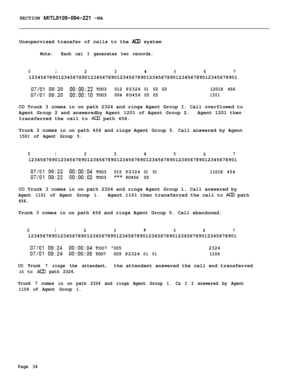 Page 464SECTION MITL9109-094-221 -NA
Unsupervised transfer of calls to the 
ACD system
Note:Each cal I generates two records.
0123456712345678901234567890123456789012345678901234567890123456789012345678901
07/0109:2000:00:22TOO3012P23240102021201X456
07/0109:200O:OO:lOTOO3004PO45605051501CO Trunk 3 comes in on path 2324 and rings Agent Group I. Call overflowed to
Agent Group 2 and answeredby Agent 1201 of Agent Group 2.Agent 1201 then
transferred the call to 
AC0 path 456.
Trunk 3 comes in on path 456 and rings...