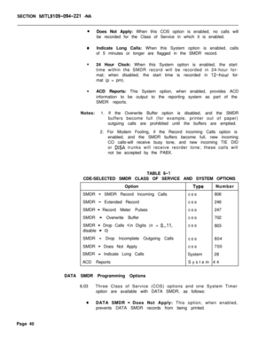 Page 470SECTION MITL9109-094-221 -NA
0Does Not Apply: When this COS option is enabled, no calls will
be recorded for the Class of Service in which it is enabled.
0Indicate Long Calls: When this System option is enabled, calls
of 5 minutes or longer are flagged in the SMDR record.
l24 Hour Clock: When this System option is enabled, the start
time within the SMDR record will be recorded in 24-hour for-
mat; when disabled, the start time is recorded in 
12-hour for-
mat (p = pm).
lACD Reports: This System option,...