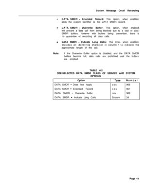 Page 471Station Message Detail Recording
l
DATA SMDR -Extended Record: This option, when enabled,
adds the system identifier to the DATA SMDR record.
0DATA SMDR -Overwrite Buffer: This option, when enabled,
will prevent a data call from being blocked due to a lack of data
SMDR buffers; however with buffers being overwritten, there is
no guarantee of recording all data calls.
0DATA SMDR -Indicate Long Calls: This timer, when enabled,
provides an identifying character in column 
1 to indicate the
approximate...