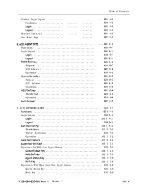 Page 524Table of Contents
Position Login/Logout.............
Conditions...................
Login........................
Logout......................
Headset Operation................
Line Select Keys...................
. , . . . . . .
.......
.......
.......
.......
6.ACDACENTSETS............................................Functions.................................................
Login/Logout.............................................
Login....................................................