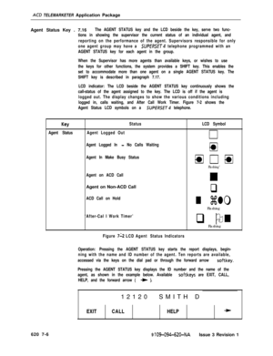 Page 572ACD TELEMARKETER Application Package
Agent Status Key . 7.16
The AGENT STATUS key and the LCD beside the key, serve two func-
tions in showing the supervisor the current status of an individual agent, and
reporting on the performance of the agent. Supervisors responsible for only
one agent group may have a 
SlJPERSET4 telephone programmed with an
AGENT STATUS key for each agent in the group.
When the Supervisor has more agents than available keys, or wishes to use
the keys for other functions, the system...