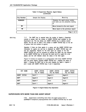 Page 574ACD TELEMARKETER Application Package
Table 7-2 Supervisor Reports -Agent Status
(continued)1 Key Number 1Sample Set DisplayMeaning
REMINDERDisplays the agent group number
and name you are presently looking
at.
-tMove forward to the next report
I4-IMove back to the previous report1
IPage 2 of 2 1
Shift Key7.17The SHIFT key is required when the number of Agents a Supervisor
controls is greater than the number of AGENT STATUS keys available on the
Supervisor’s set. This key allows one AGENT STATUS key to...
