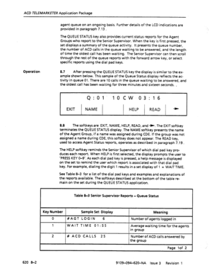 Page 578ACD TELEMARKETER Application Package 
Operation agent queue on an ongoing basis. Further details of the LCD indications are 
provided in paragraph 7.13 . 
The QUEUE STATUS key also provides current status reports for the Agent 
Groups who report to the Senior Supervisor. When the key is first pressed, the 
set displays a summary of the queue activity. It presents the queue number, 
the number of ACD calls in the queue waiting to be answered, and the length 
of time the oldest call has been waiting. The...