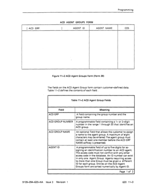 Page 629Programming 
ACD AGENT GROUPS FORM 
[ ACD GRP. 
I AGENT ID AGENT NAME co5 
Figure 1 l-2 ACD Agent Groups Form (Form 39) 
The fields on the ACD Agent Group form contain customer-defined data. 
Table 11-2 defines the contents of each field . 
Table 11-2 ACD Agent Group Fields 
Field 
ACD GRP 
ACD GROUP NUMBER 
ACD GROUP NAME 
AGENT ID Meaning 
A field containing the group number and the 
group name. 
A programmable field containing a l-or 2-digit 
number in the range 1 through 50 that identifies an 
ACD...