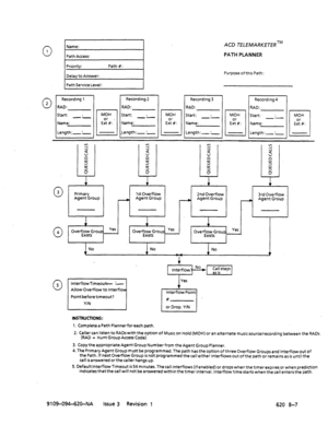 Page 6590 1 
0 2 
s 
ACD TELEMARKETERTM 
PATH PLANNER 
I;;;;;Answerl Path #: 1 
Purpose ofthis Path: 
Path Service Level: 
0 Overf~;lc;tGrou p Yes 
4 Overh;ytiGroup Yes 
Overky-Group Yes 
1 1 1 
4 
@&I. N”gk 
INSTRUCTIONS: 
1. Completea Path Plannerforeach path. 
2. Caller can listen to RADswith the option of Music on Hold (MOH) or an alternate musicsource/recording between the RADs. 
(RAD = Hunt Group Access Code) 
3. CopytheappropriateAgentGroupNumberfrom theAgentGroupPlanner. 
4. The Primary Agent Group must...