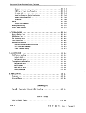 Page 678Automated Attendant Application Package 
Campon ................................................ ..62 5 3-3 
DID/Dial-in Trunk Busy Rerouting ............................. 625 3-3 
DirecttoARS .............................................. 
625 3-3 
Recall on Default or Dialed Destination ......................... 625 3-3 
System Abbreviated Dial ........... 
Tenanting ....................... 
SMDR .............................. 
Sample SMDR Record .............. 
Analog networking .....................