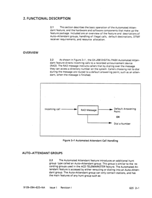 Page 6812. FUNCTIONAL DESCRIPTION 
OVERVIEW 
2.1 This section describes the basic operation of the Automated Atten- 
dant feature, and the hardware and software components that make up the 
feature package. Included are an overview of the feature and descriptions of 
Auto-Attendant groups, handling of illegal calls, default destinations, DTMF 
receiver requirements, and resource allocation. 
2.2 As shown in Figure 2-l , the 5X-200 DIGITAL PABX Automated Atten- 
dant feature directs incoming calls to a recorded...