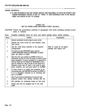 Page 124SECTION MITL9109-094-200-NA
IGNORE REVERSALS9. IF LINE REVERSALS ON THE TRUNK CIRCUIT ARE REQUIRED TO HAVE NO EFFECT THE
IGNORE REVERSALS SWITCH IS SET TO “OPEN”. IF LINE REVERSALS ARE TO BE RECOG-
NIZED THE SWITCH IS SET TO CLOSED.CHART 5-27
SET CO TRUNK CARD SWITCHES (TYPES 
-211/311)CAUTION: Follow the procedures outlined in paragraph 5.03 while handling printed circuit
cards or modules.
Note:Complete installation forms for trunk card switch settings before setting switches.
StepAction
Comments...